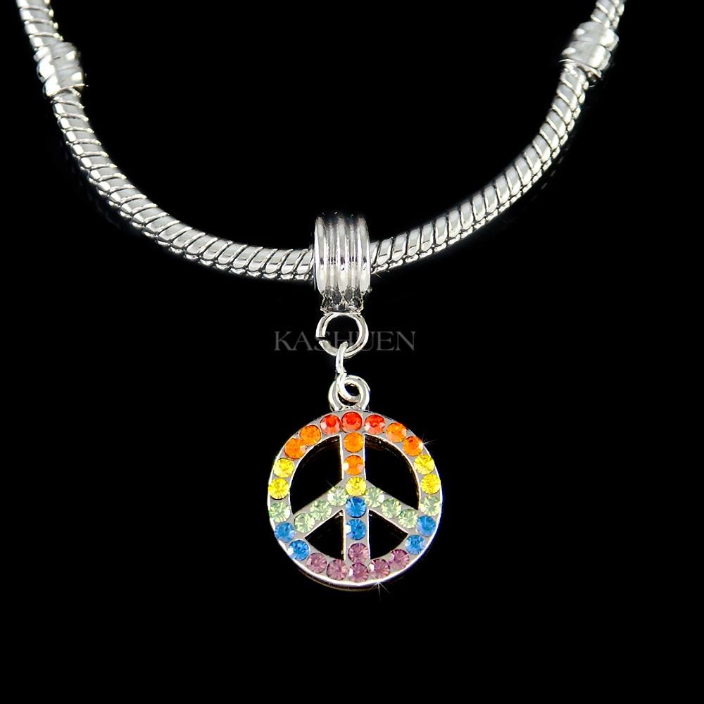 Swarovski Crystal Rainbow Peace Sign Bracelet Charm Fit Pandora 