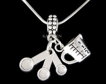 Chef Cook Measuring Spoons Cup Charm, Baking Baker Kitchen Culinary Necklace Graduate Gift Keychain Food Lover Jewelry fit European Bracelet