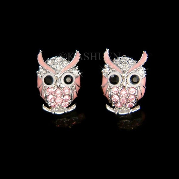 Swarovski Crystal Dainty Baby Pink Enamel Painted WISE OWL Hawk