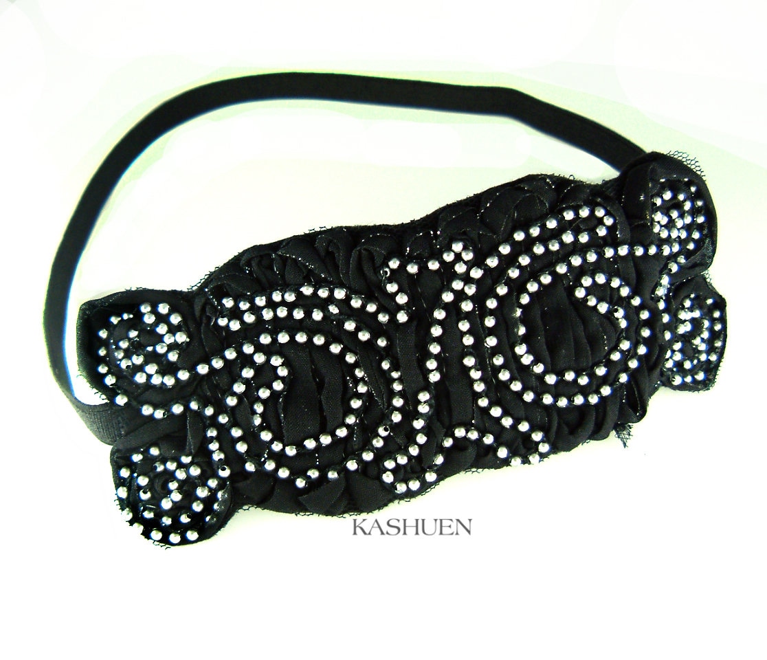 Elegant 20s Style Fabric Beaded Flower Floral Flapper Elastic Headband Jewelry for Hair Christmas 16th 17th 18th 19th 20th 25 Birthday Gift