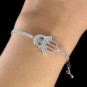 Swarovski Crystal Dainty Hand of Fatima Hamsa Hamesh Hand Evil Eye Sterling Silver Bracelet Jewelry Religious Christmas Birthday Women Gifts