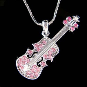 Swarovski Crystal Pink Violin Viola Cello Fiddle Musical Charm Pendant Necklace Christmas Best Friend Musician Gift  New
