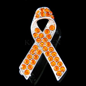 Swarovski Crystal Orange Leukemia Kidney Cancer MS Multiple Sclerosis Awareness Ribbon Support Family Brooch Pin Christmas Best Friend Gift