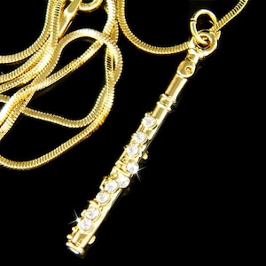 Swarovski Crystal Gold Plated Flute Woodwind Instrument Music Musical Necklace Jewelry Friend Christmas 25th 30th 35th 40 Birthday Gift New