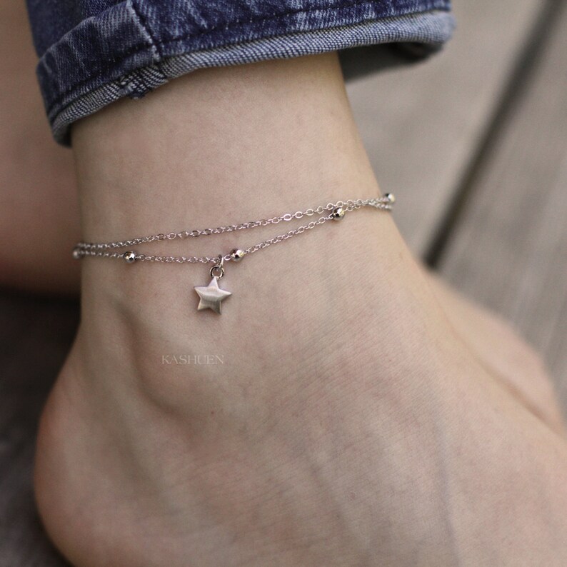 Dainty Matt Gold Star Double Beaded Chain Anklet Everyday Simple Women Layering Foot Jewelry Cute Christmas Best Friends BFF Birthday Gift