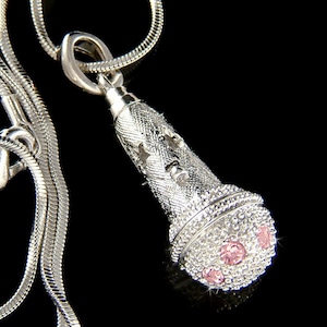 Swarovski Crystal Pink 3D Microphone Mic Star MC Music Singer Rock band Vocal Pendant Necklace Best Friend Coach Instructor Christmas Gift