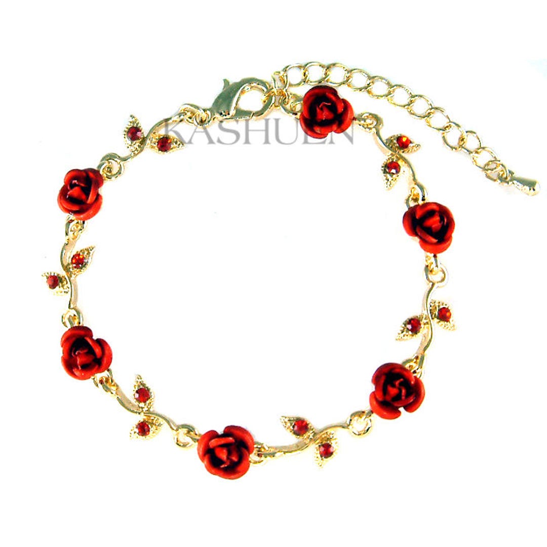 Swarovski Crystal Hot Red Rose Flower Floral Charm Gold Tone Chain ...