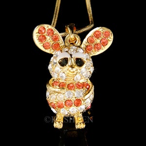 Swarovski Crystal Pink Orange 3D MOUSE Rat Chinchilla Gerbil Hamster Tail Gold Tone Charm Necklace Jewelry Cute Christmas Best Friend Gift