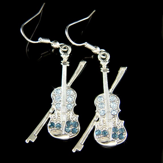 Swarovski Austrian Crystal Blue Violin Fiddle Viola Cello Charm Music Musical instrument Earrings Christmas Best Friend Orchestra Gifts New