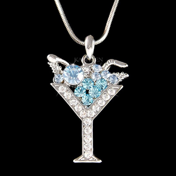 Swarovski Crystal Ice Blue Martini Cocktail Glass Olive Party Drink Pendant Necklace New After Work Happy Hour Jewelry 30th 40 Birthday Gift