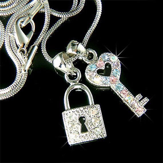 Silver Lock and Key Necklace with Crystal from Swarovski