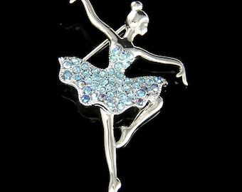 Swarovski Crystal Ballerina Brooch, Blue Ballet Dancer Pin, Dancing Girl Jewelry, Christmas 40th 50th 60th 70 Birthday Gifts, Performer Gift