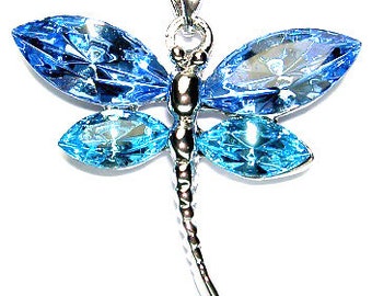 Swarovski Crystal Aqua Blue DRAGONFLY Necklace Bridal Wedding Christmas Memorial Keepsake Jewelry 50th 60th 70th 80th 90th 100 Birthday Gift