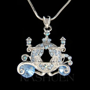 Swarovski Crystal Something Blue Cinderella Pumpkin Carriage Necklace, Princess Bridal Wedding Jewelry Bridesmaids Christmas Birthday Gifts