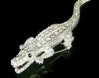 Swarovski Crystal Large 3" Gator Crocodile Brooch Alligator Caiman Reptiles Pin Jewelry Wildlife Nature BFF Christmas Best Friends Gifts New