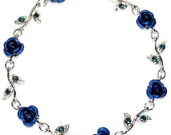 Swarovski Crystal Sapphire Royal Blue Rose Flower Floral Charm Pendant Chain Bracelet Christmas Best Friend Bridal Bridesmaid Jewelry Gifts