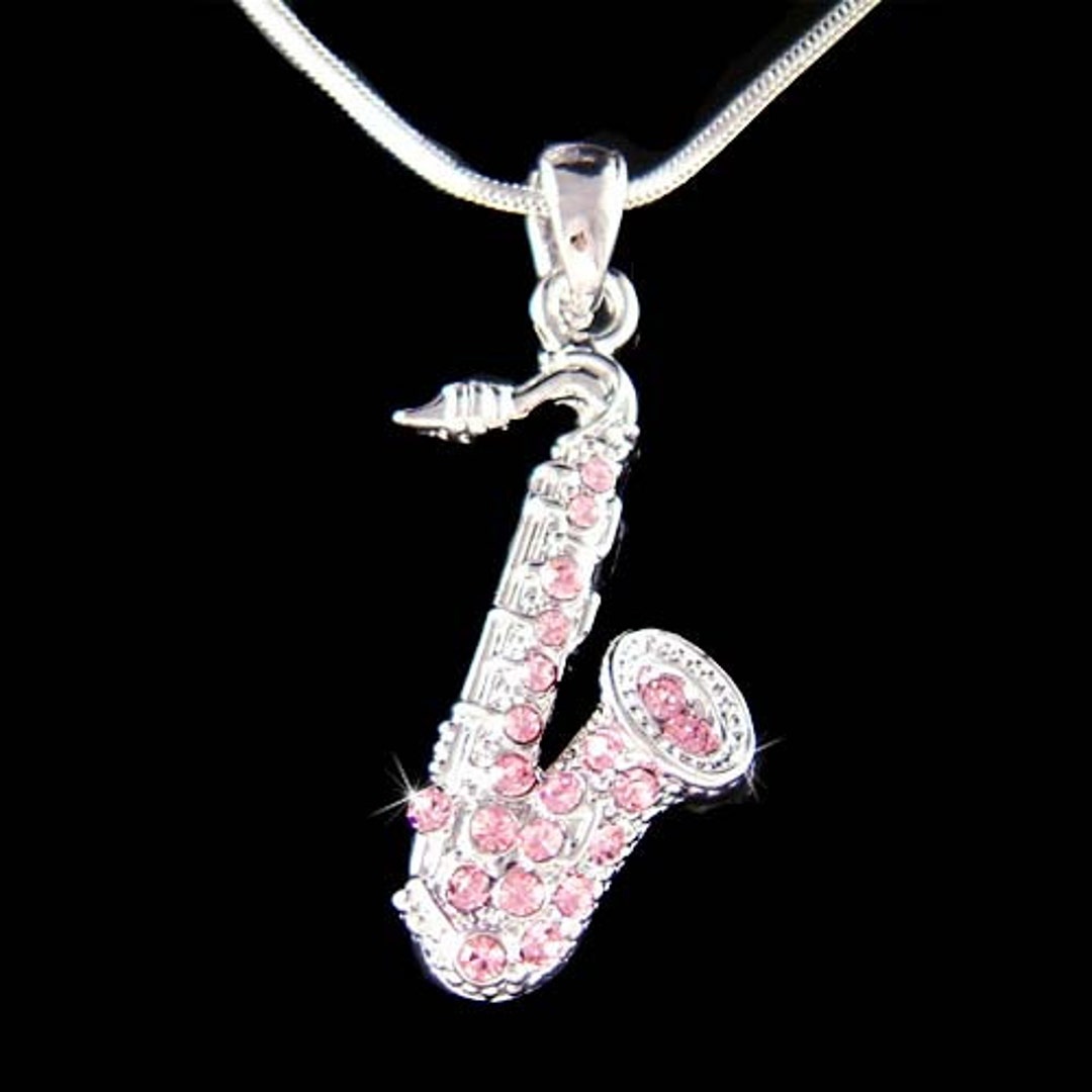 Swarovski Crystal TENOR ALTO Sax Pink SAXOPHONE Charm Pendant Music Musical Instrument Necklace