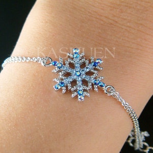Swarovski Crystal Blue Dainty SNOWFLAKE Bracelet Snow Winter Holiday Christmas Double Sterling Silver Chain Jewelry 50th 60th Birthday Gifts