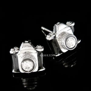 Swarovski Crystal Black Enamel Paint Vintage Look Camera Lens Photography Stud Earrings Jewelry Christmas Best Friend Photographer Gift New