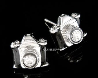 Swarovski kristal zwarte emaille verf vintage look cameralens fotografie oorbellen sieraden kerst beste vriend fotograaf cadeau nieuw