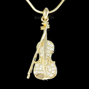 Swarovski Crystal Classy Violin Viola Cello Fiddle Musical Charm Gold Chain Necklace Jewelry Christmas Friends Musician 30th Birthday Gift