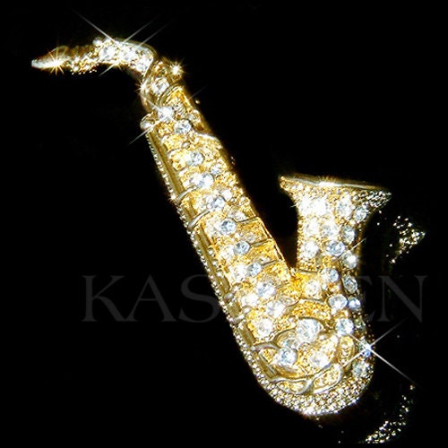 スワロフスキー　サクソフォン　SAXOPHONE Swarovski Crystal Saxophone Brooch, Tenor Alto Sax Pin, Musical