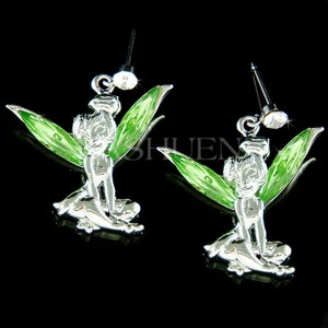 Swarovski Crystal Green Tinkerbell Earrings, Fairy Magical Angel Wings Women Jewelry Christmas August 18th 20th 30th Birthday Gifts Cute New