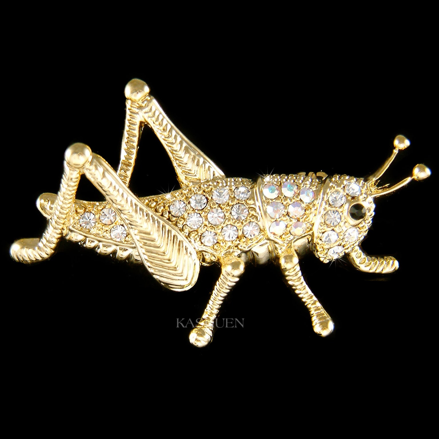Grande Broche Sauterelle En Métal Doré Avec Strass Vert Et Blanc - Bijou Fantaisie Voyant Et élégant, Neuf