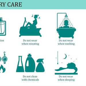 Peut inclure: Une infographie turquoise et blanche avec des illustrations et du texte d&eacute;crivant comment prendre soin des bijoux. Le texte comprend des phrases comme "&Eacute;vitez le parfum, la lotion ou l'&eacute;cran solaire", "Ne portez pas lorsque vous transpirez", "Ne portez pas lorsque vous vous lavez", "Utilisez un chiffon doux pour nettoyer", "&Eacute;vitez les collisions, le broyage ou le feu", "Ne nettoyez pas avec des produits chimiques", "Ne portez pas pendant votre sommeil", et "Mettez dans une bo&icirc;te lorsque vous ne l'utilisez pas".