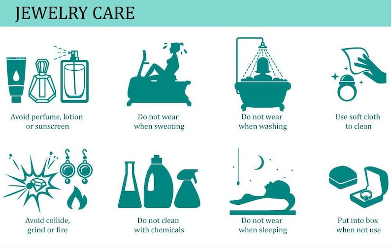 Peut inclure: Une infographie turquoise et blanche avec des illustrations et du texte d&eacute;crivant comment prendre soin des bijoux. Le texte comprend des phrases comme "&Eacute;vitez le parfum, la lotion ou l'&eacute;cran solaire", "Ne portez pas lorsque vous transpirez", "Ne portez pas lorsque vous vous lavez", "Utilisez un chiffon doux pour nettoyer", "&Eacute;vitez les collisions, le broyage ou le feu", "Ne nettoyez pas avec des produits chimiques", "Ne portez pas pendant votre sommeil", et "Mettez dans une bo&icirc;te lorsque vous ne l'utilisez pas".