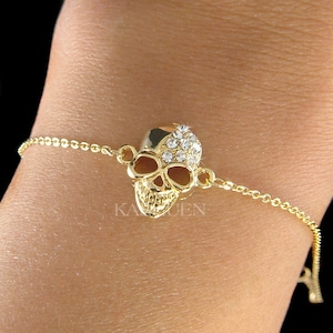 Swarovski Crystal Dainty Skull Día de los Muertos Dia de Los Muertos Hip Hop Halloween Traje Oro Tono Cadena Pulsera Joyería Regalo de Navidad