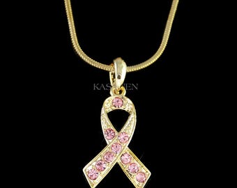 Swarovski Crystal Tiny Gold Breast Cancer Necklace Pink Awareness Ribbon Charm Pendant Fight Cancer Family Mother Daughter Love Support Gift