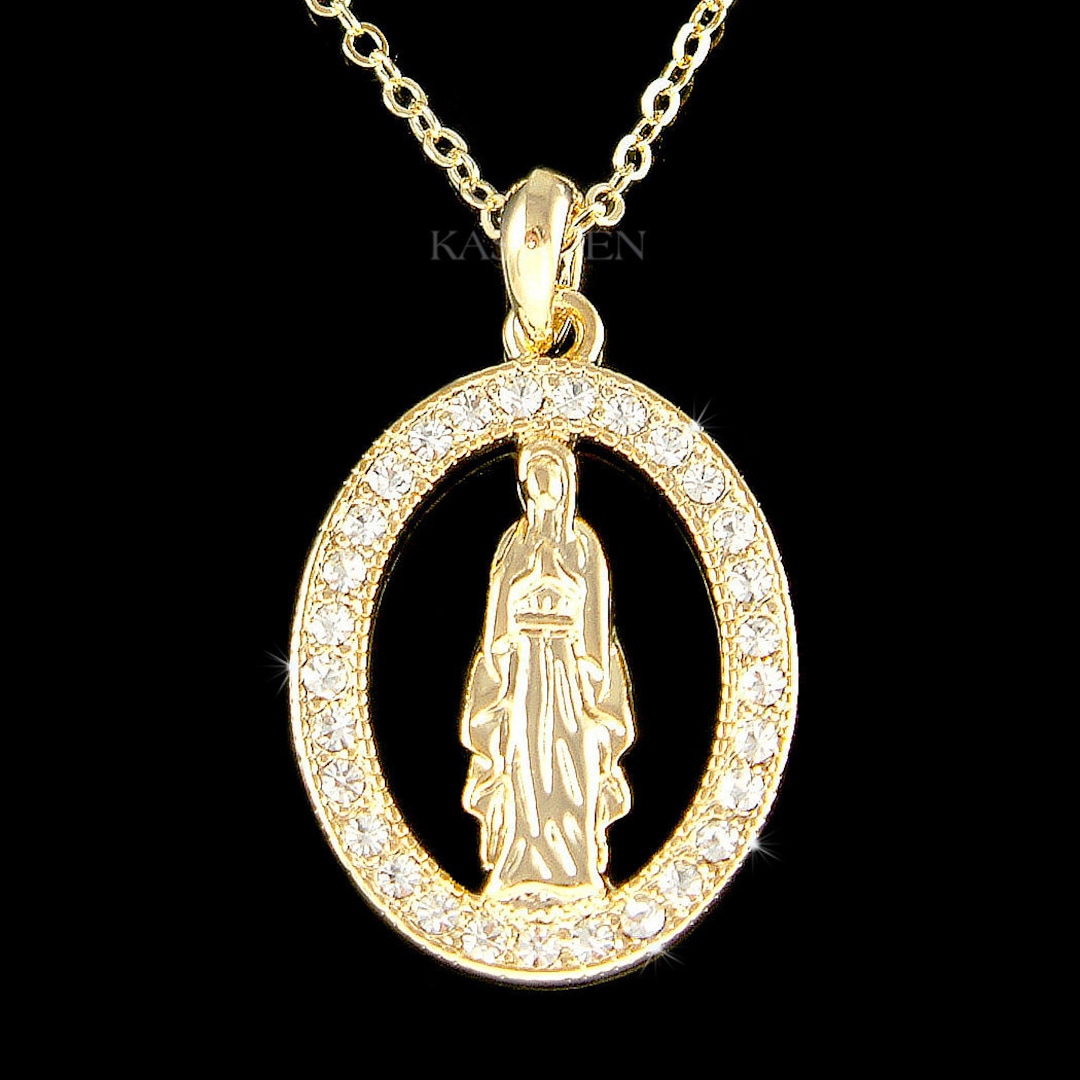 Ciondolo Ovale In Acciaio Inox Oro Con Madonna E Zirconi – 42 Mm – Unisex + Box - Foto 4