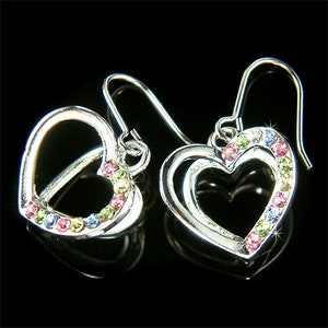 Swarovski Crystal 3D Multi Color Rainbow Love Heart Dangle Earrings Jewelry Cute Lover Valentine Mothers Day Christmas Best Friend Gift New
