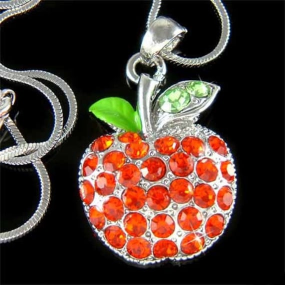 Swarovski Crystal Puffy Red Apple Necklace Fruit Jewelry Teacher