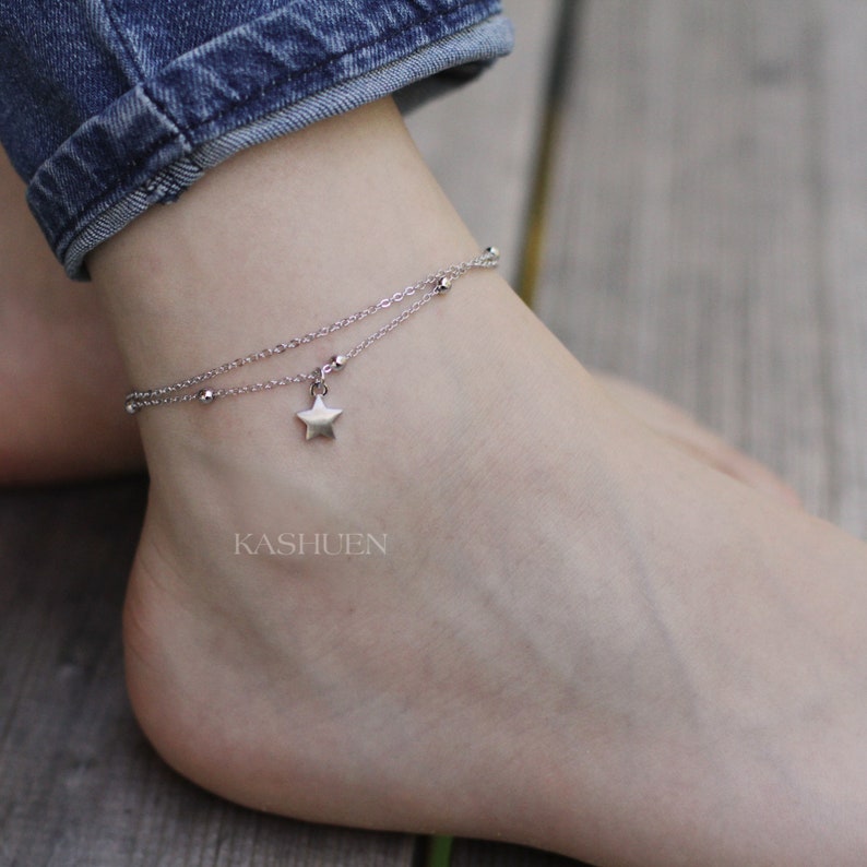 Dainty Matt Gold Star Double Beaded Chain Anklet Everyday Simple Women Layering Foot Jewelry Cute Christmas Best Friends BFF Birthday Gift