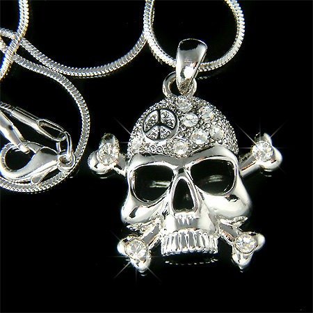 Swarovski Crystal Skull Crossbone Pirate Peace HIP HOP Charm Chain Necklace  Day of the Dead Jewelry Unisex Boys Girls Halloween Costume New
