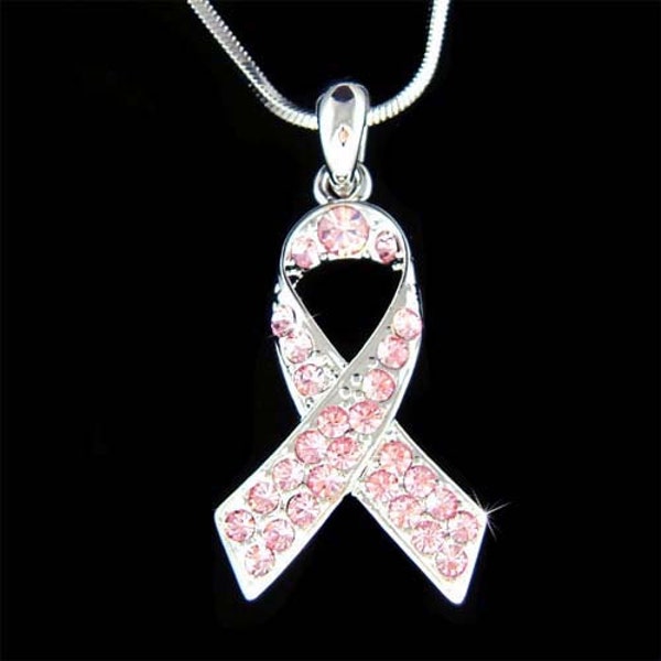 Swarovski Crystal Breast Cancer Awareness Pink Ribbon Charm Necklace Jewelry Best Friends Family Members Mother Daughter Love Support Gift