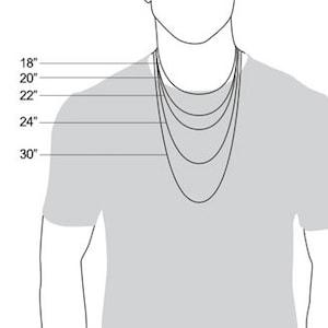 Peut inclure: Un sch&eacute;ma montrant diff&eacute;rentes longueurs de collier de 18 &agrave; 30 pouces. Les longueurs sont repr&eacute;sent&eacute;es sur le cou d'une personne.