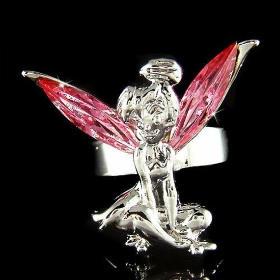Pink Swarovski Crystal Fairy Angel Wings Adjustable Statement Ring