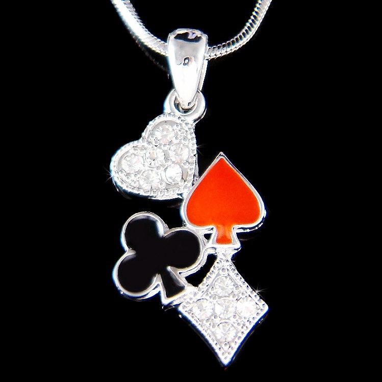 Swarovski Crystal Playing Card Games Ace of spades Heart Hearts Diamonds Clubs Casino Blackjack Poker Solitaire Charm Necklace Unisex Gift