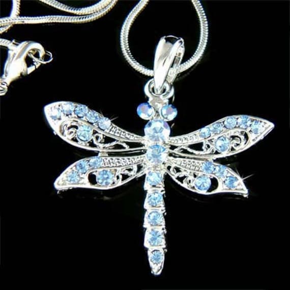 Swarovski Crystal Blue DRAGONFLY Necklace Bridal Wedding Christmas