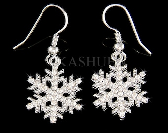 Swarovski Crystal Rhinestone Clear SNOWFLAKE Snow Flake Winter Holiday Christmas Dangle Pierced Sterling Silver Earrings Jewelry Gifts Bling