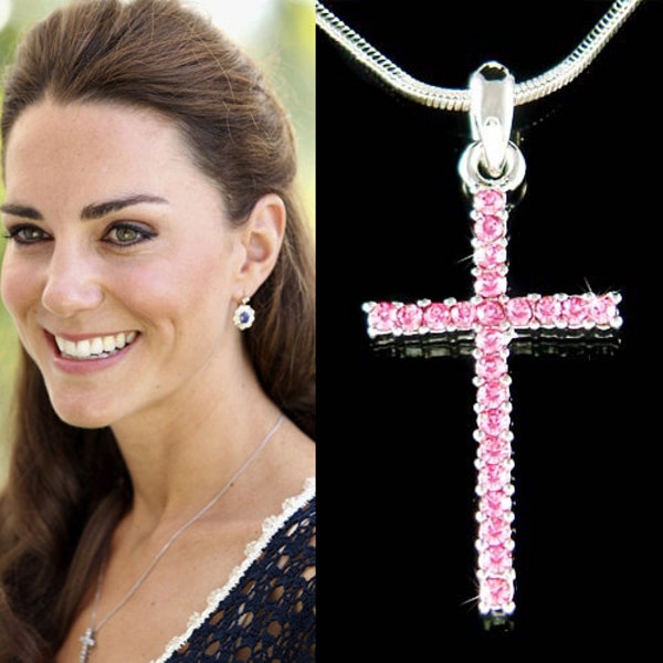 Swarovski Crystal Pink CROSS Necklace God Lord Jesus Christ Simple Dainty Religious Jewelry Christmas 20th 30th 40th 50th 60th Birthday Gift
