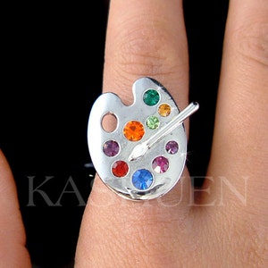 Swarovski Crystal Rainbow Artist Painter Paint Color Palette Enamel Paint White Brush Adjustable Ring Jewelry Christmas Best Friend Gift New