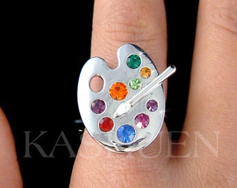 Swarovski Crystal Rainbow Artist Painter Paint Color Palette Enamel Paint White Brush Adjustable Ring Jewelry Christmas Best Friend Gift New