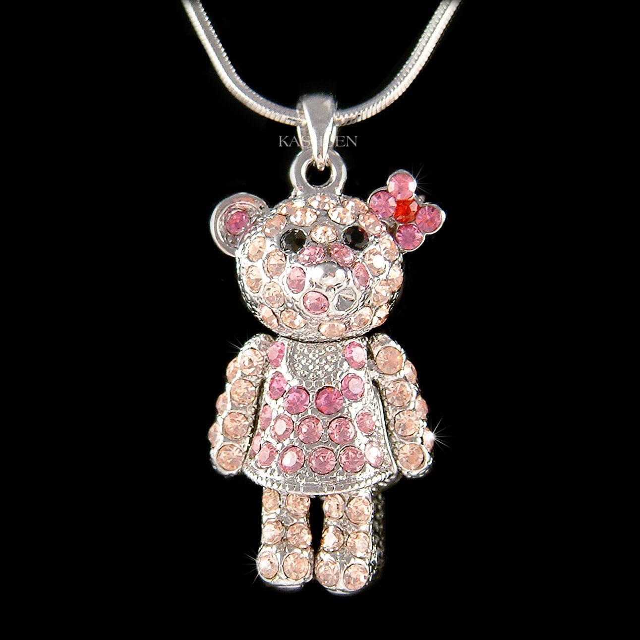 Swarovski Crystal 3D Movable Cuddly Teddy Bear Cute Pink Bow Dress