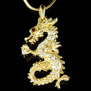 Swarovski Crystal Chinese Myth Fairy Magic Red Eyes Dragon Amulet Oriental Serpents Gothic Gold Tone Chain Necklace Christmas Gift Jewelry