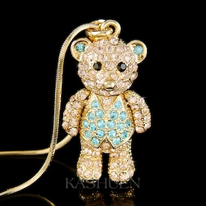 Swarovski Crystal 3D Big Movable Cuddly Teddy Bear Daughter Gold Cute Charm Necklace Jewelry Teens Teenager Girls Christmas Best Friend Gift