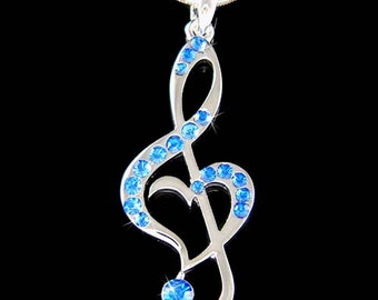 Royal Blue Swarovski Crystal TREBLE G CLEF Love Music Musical Note Heart Pendant Necklace